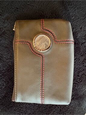 CELINE Black Leather pouch with Red Stitching & coin embellishment